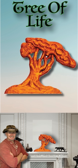 climate change art, tree of life, wood carving